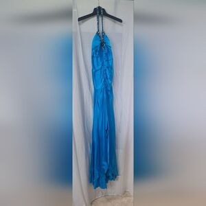 Prom_Beaded Halter Satin Gown in Vibrant Turquoise